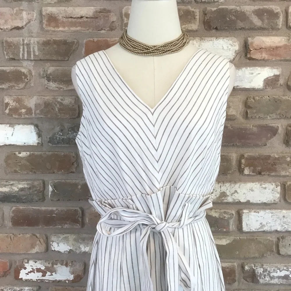 ANTONIO MELANI Women's Ivory Stripe Sleeveless V-neck Sash Linen Midi Dress 10 - Picture 6 of 8